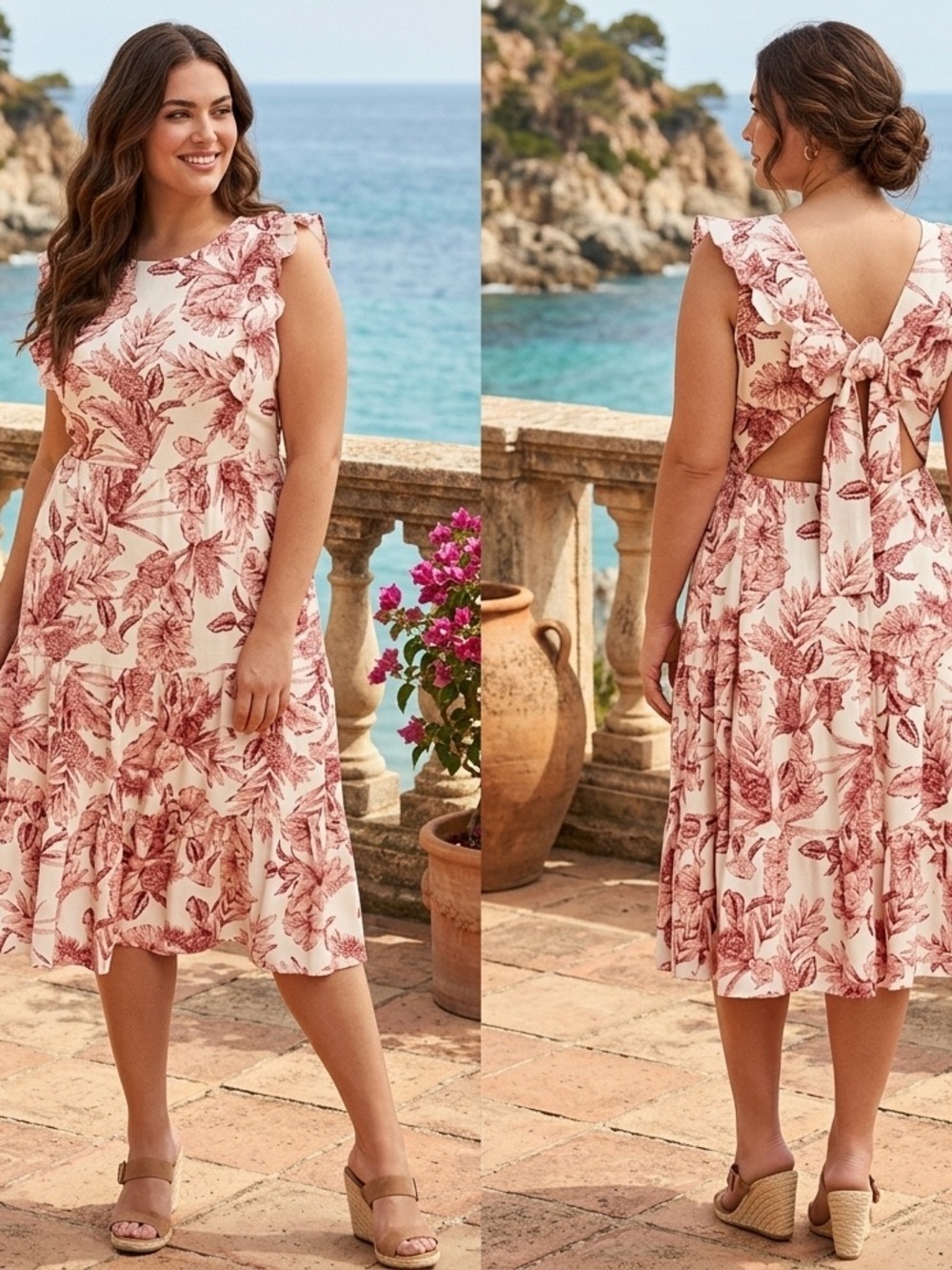 ELLA Rafaella Plus Size Linen Flutter Sleeve Midi Tiered Dress Open Back Size 3X